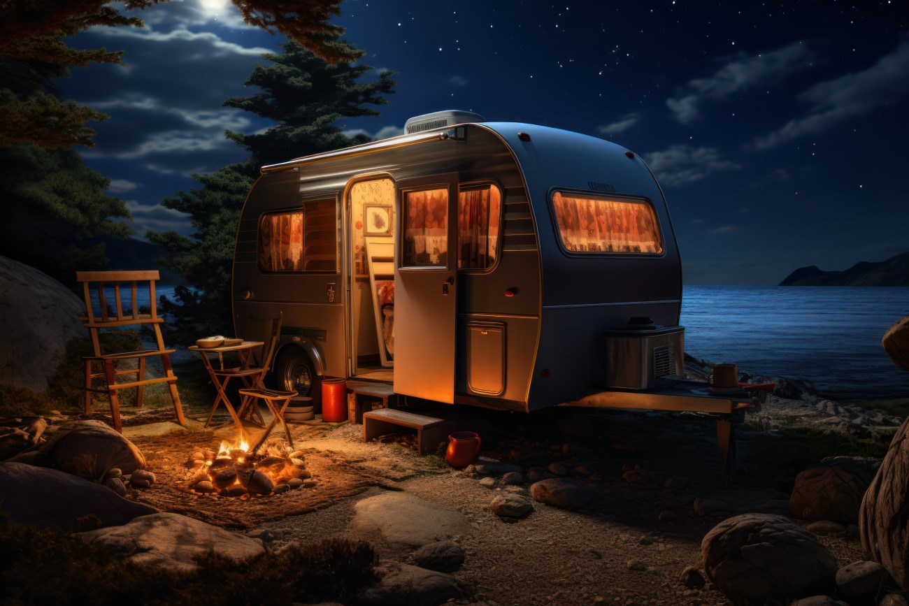 Car camping at night. Illustration AI Generative