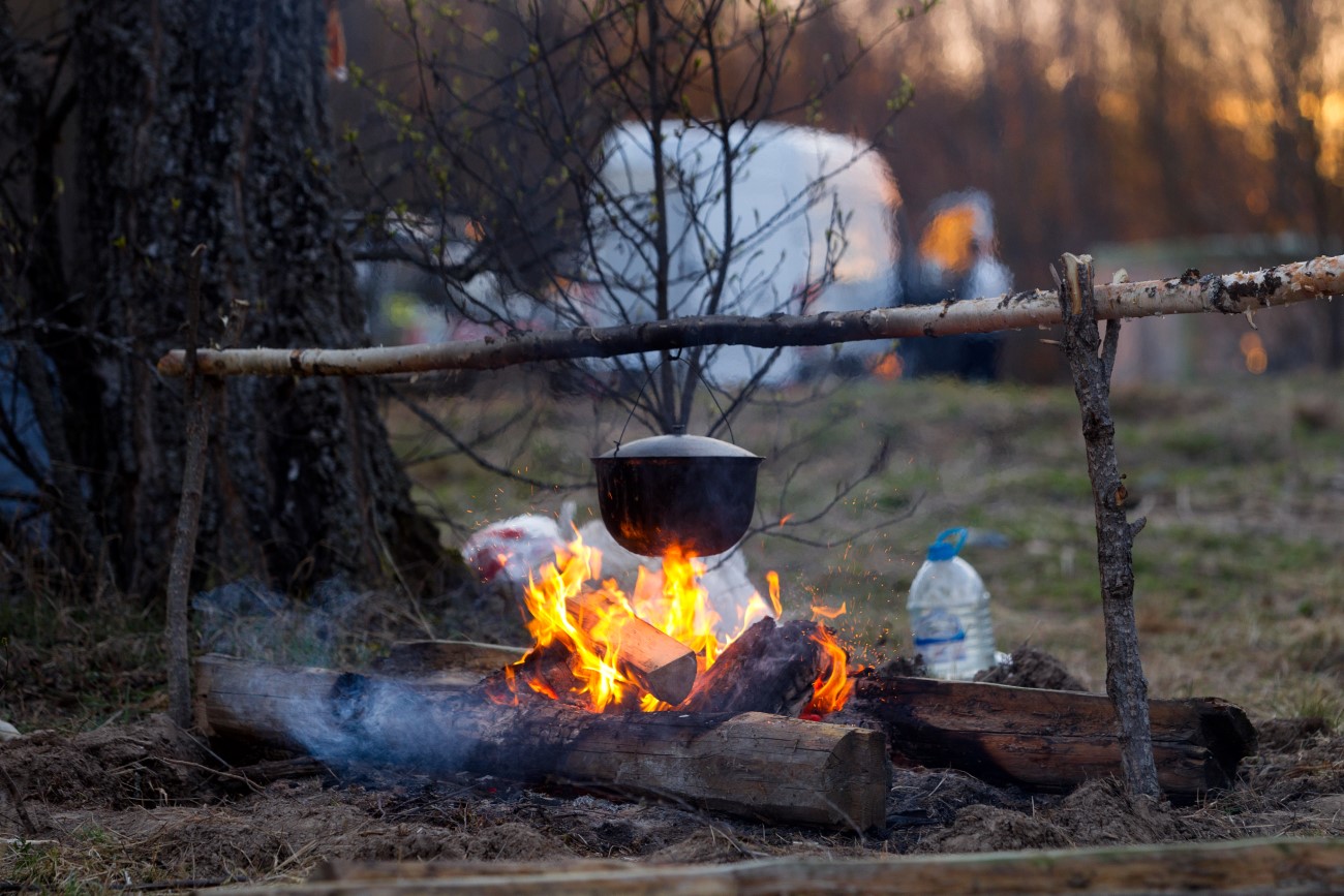 Campfire with a cooking pot