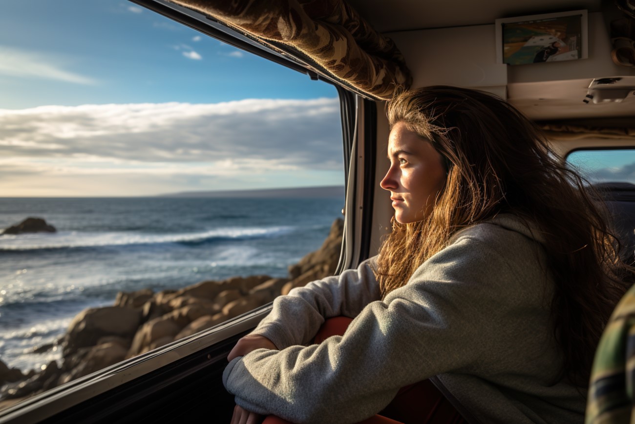 Young woman in her camper enjoying a scenic beach view, a tranqu