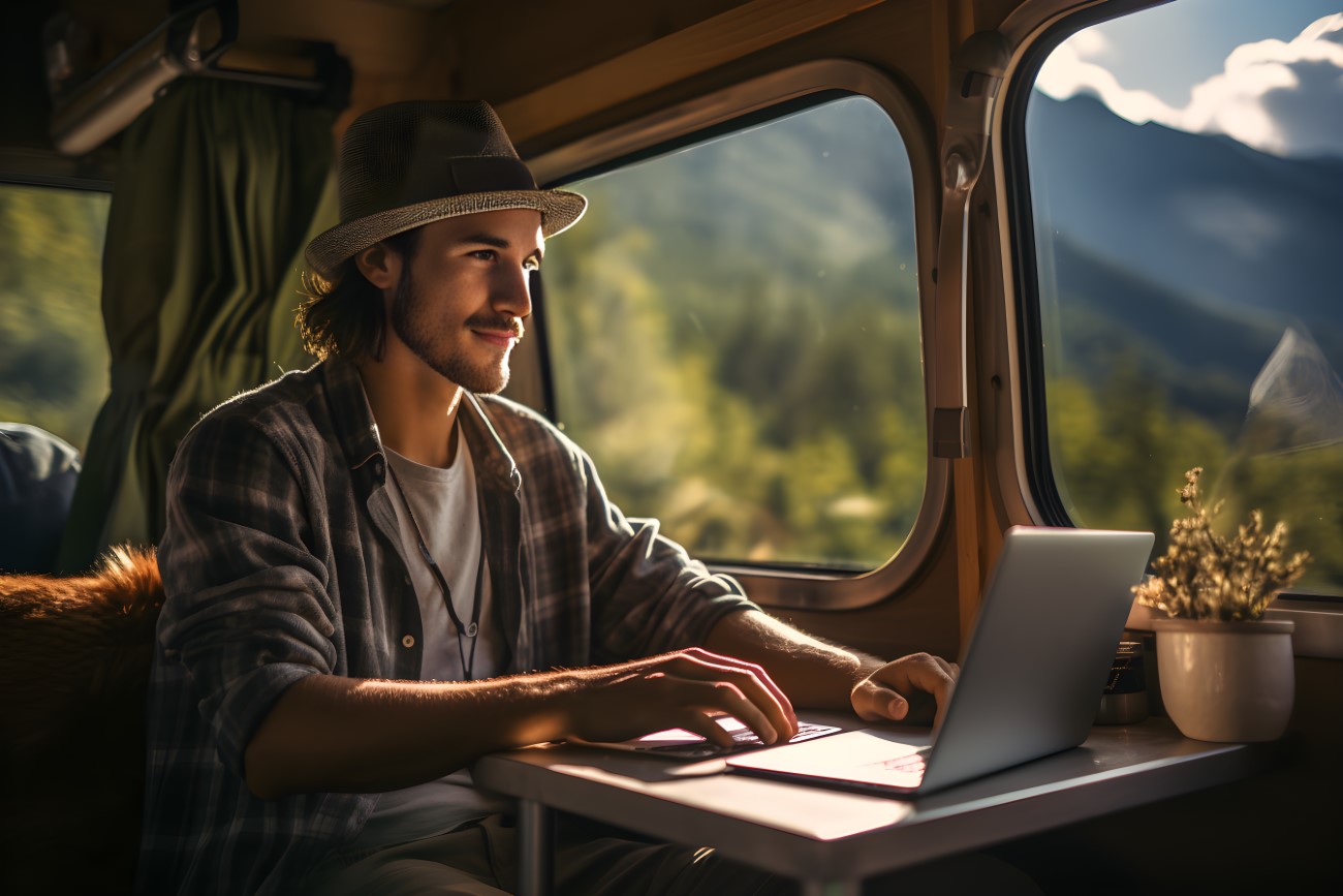 Young freelance man working on computer in camper van. Road trip